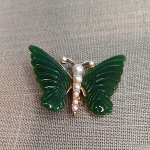 Jade Green Butterfly Brooch with Pearls